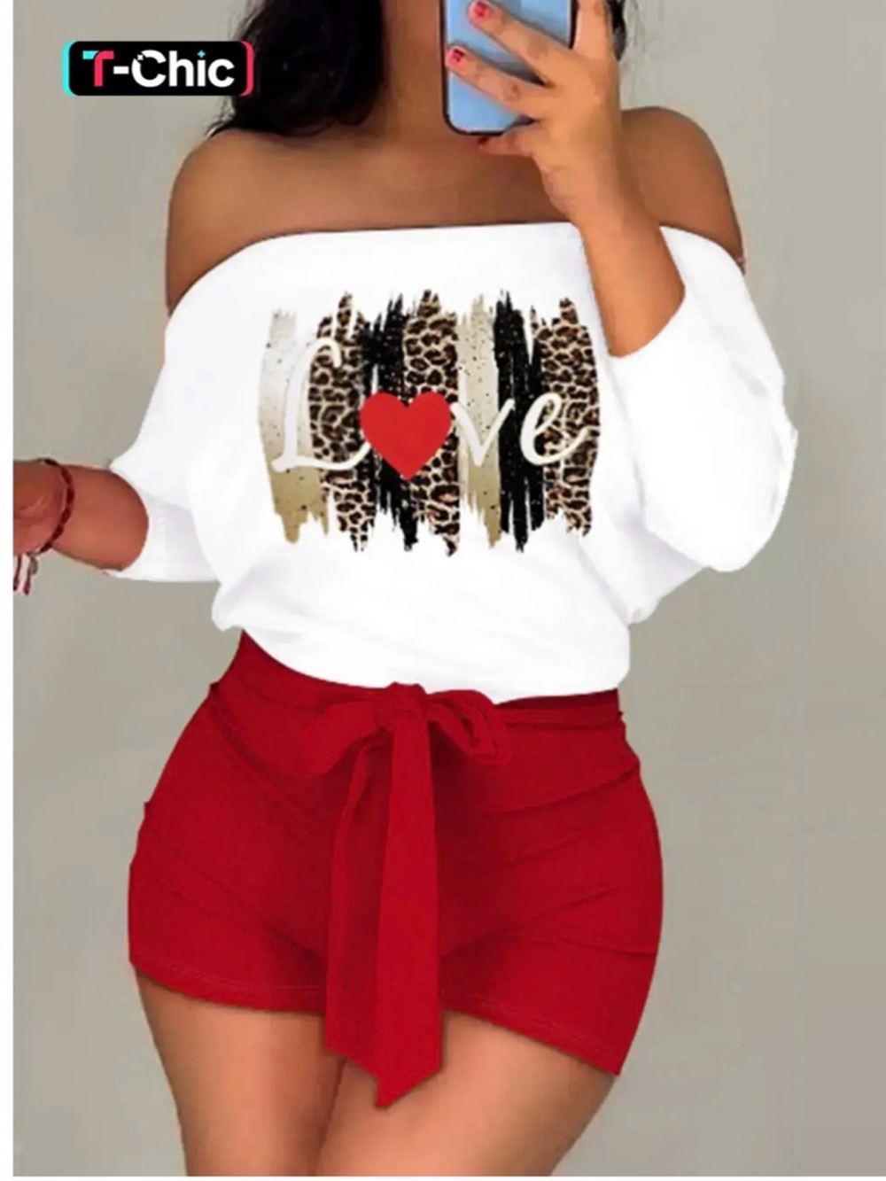 🌸. Off-Shoulder 'Love' Leopard Print Top - White with Red Heart